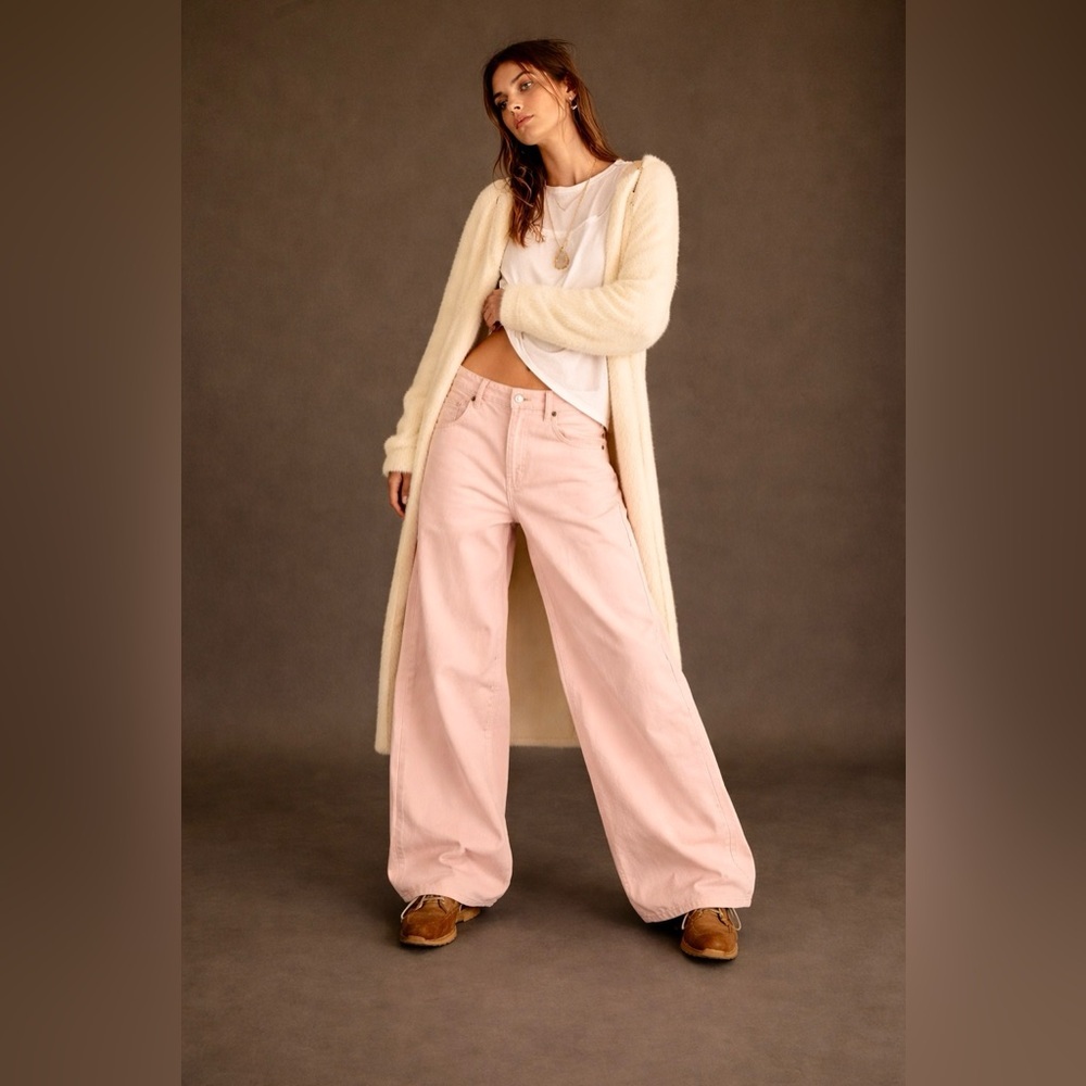 NWOT Free People We The Free Electric Feels Dropped Wide Leg Jeans Peach 27